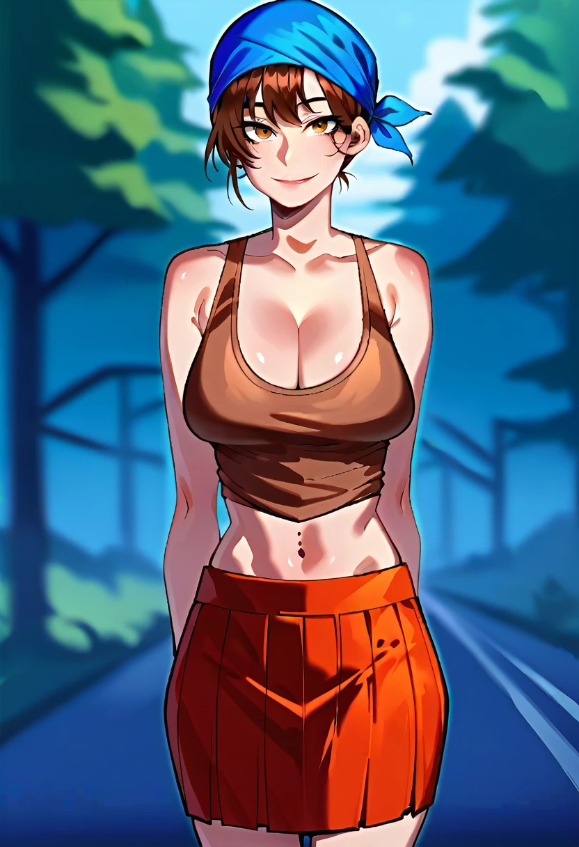 score_9, score_8_up, score_7_up, BREAK, 1girl, solo, lindsaytd, blue bandana, cleavage, red undershirt, brown tank top, midriff, orange skirt, looking at viewer, light smile, outdoors, depth of field,