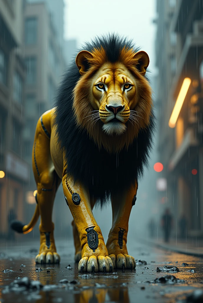 (Professional 3D rendering:1.3) of (realist:1.3) La película of iluminación cinematográfica más bella ofl mundo, Mysterious wounded lion, con implantes tecnológicos of estilo cyberpunk, overnight, under the rain, en el centro of una metrópolis, Texturas of superficies húmedas con gotas of agua.. Estilos of diseño vanguardista inspirados en cuadrados y curvas amarillos y negros.(Intricate:1.4), ofcaofnte, (muy oftallado:1.4), Digital paint, renofrizado por octanaje, estaciones of arte, Conceptual art, seeds, sharp focus, illustration, germen of arte, (loico:0.23), Wlop Iliá Kuvshinov, and Greg Rutkowski and Alphonse Mucha Gracias, (global illumination, luz of estudio, Light volumetric), strong rain, floating particles, scoundrel, fancy, Our, whole body, ((Fondo oscuro y antiguo of la ciudad:1.3)),CGSesociedaof,