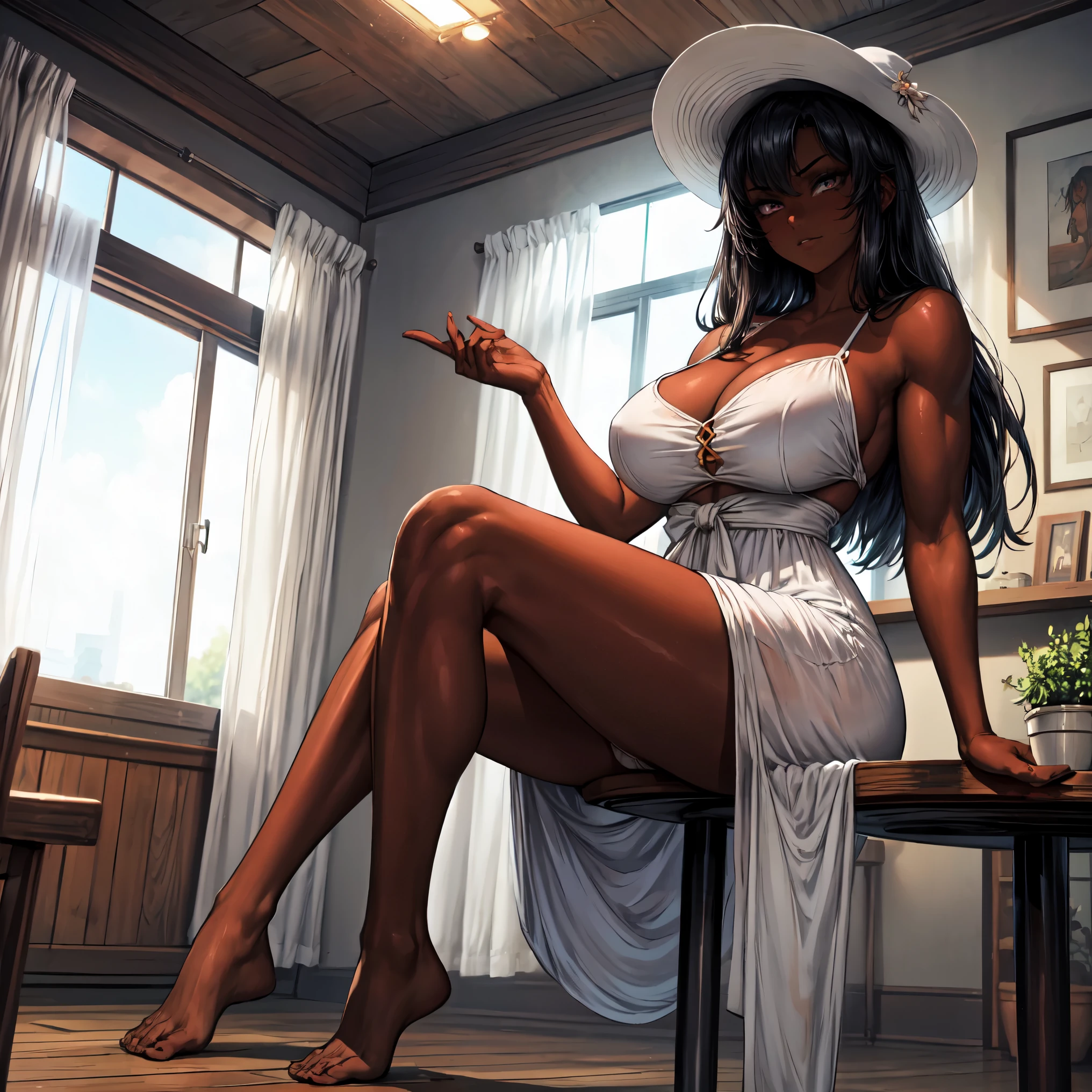 (((((full body))))), (((((dark skin))))), ((((tanned skin)))), (((muscular body))), (((muscular))), masterpiece, best quality, anime, anatomically accurate, detailed face, pretty face, extremely detailed face, ((((1girl)))), (((long hair))), (((long legs))), (((huge breasts))), ponytail haircut, black hair,, big and expressive eyes, (muscular legs), mesmerizing hair, muscular hips, (Perfect hands and fingers very well detailed), full body photo, (((cafe))), ((sitting at the table)), (((white sundress))), (((white brimmed hat))), 20 years old, reflection in the eye, dark eyes, anime, Anime Style, cinematic lighting, ray tracing, panorama, Sony FE, high definition, artwork, Anatomically Correct, Textuvermelho Skin, super detail, high quality, high resolution, high definition