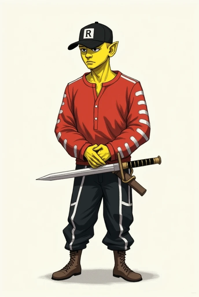 Create a male character with no ears, a bored face, no hair, and yellow, with a black cap with an R on the front of the cap, with a red blouse with white round stripes on the right arm and black pants with white round stripes on the left leg, with a sword at the waist. Pencil and eraser drawing style, no muscles.