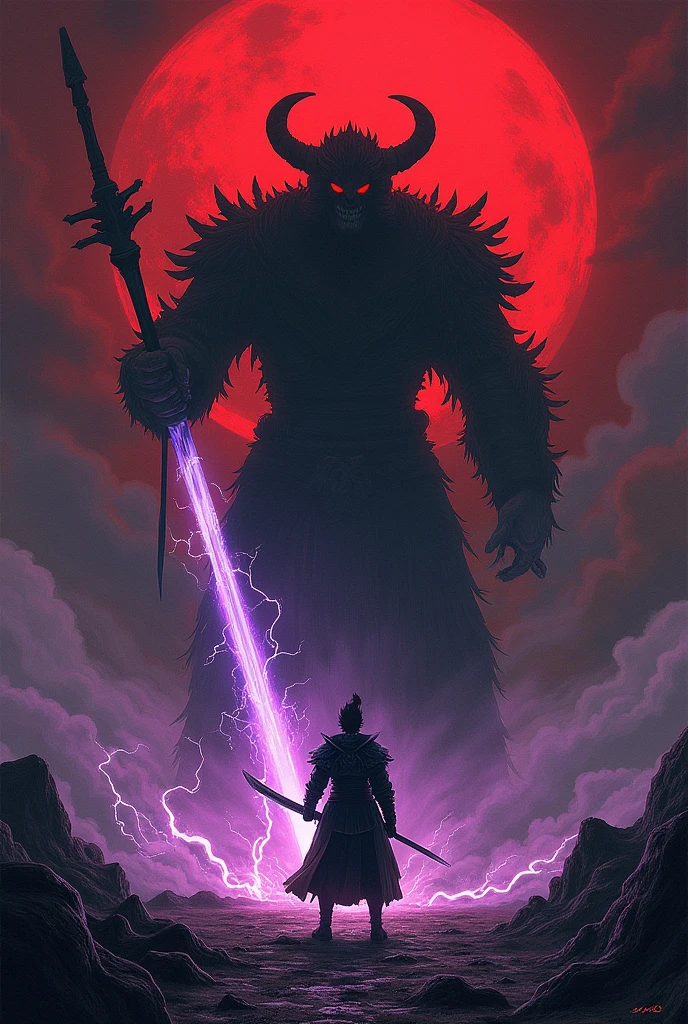 work of art, 4K, ipad ratio, landscape image, protagonist de Sekiro, full moon night, bloody moon, reddish sky, man with prostate arm, katana with black blade imbued with purple flames and lapis lazuli, cop "strengthened backhand serve", dark red and black ink, post war environment, I prayed against Ashina, giant spear with lightning