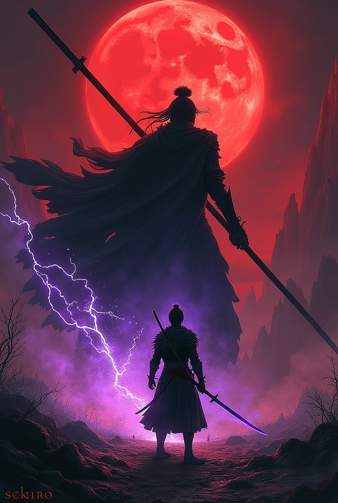 work of art, 4K, ipad ratio, landscape image, protagonist de Sekiro, full moon night, bloody moon, reddish sky, man with prostate arm, katana with black blade imbued with purple flames and lapis lazuli, cop "strengthened backhand serve", dark red and black ink, post war environment, I prayed against Ashina, giant spear with lightning