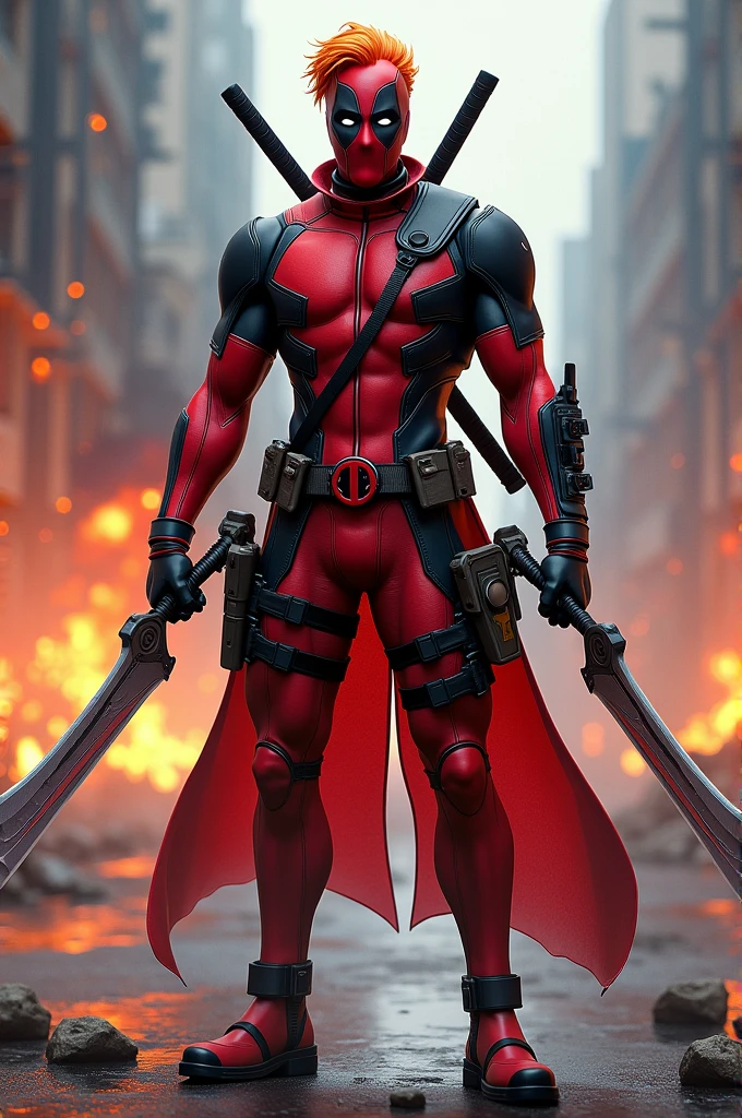 Tartaglia, also known as Childe, is wearing Deadpool's iconic red and black suit, but with a few adjustments to fit Tartaglia's style.
The suit is sleek, with a combination of both Genshin Impact's fantasy elements and Deadpool's modern, tactical look.
Tartaglia’s signature Hydro Vision symbol is visible on his chest, subtly integrated into Deadpool's design.
He has Deadpool’s mask, but his orange hair is still visible peeking out from the top.
Tartaglia is holding his dual water blades, but with a hint of Deadpool's humor, perhaps one of the blades has a small Deadpool logo or a quirky accessory.
The background could be a mix of a battlefield from Genshin Impact with some comic book-style explosions or effects typical of Deadpool's chaotic scenes.