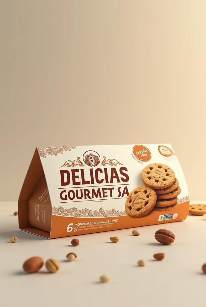 (photorealism:1.2), Propose a graphic design of a company called "DELICIAS GOURMET SA" which specializes in whole wheat cookies with nuts, several small horizontal packages, 138 g cookies, that is most attractive to the target consumer, that conveys the image of a healthy product and complies with labeling regulations (nutritional information, ingredients, etc.) SMALL PACKAGE WITH 6 UNITS OF COOKIES 138 G (6 Cookies) Cookie bags in various sliding boxes