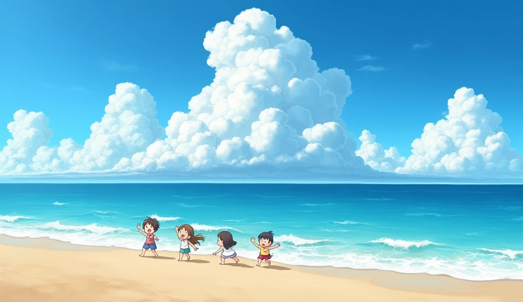 Draw a blue sea。There are white cumulonimbus clouds on the horizon、There are children playing on the beach。