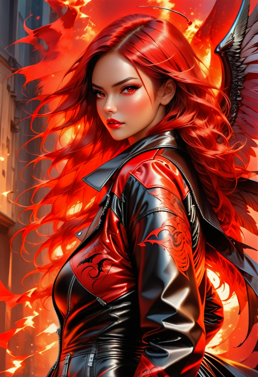 a comic fantasy art of a female devil wearing black leather jacket that has "Devil's Angel" written on it ((full body: 1.5)), exotic beautiful female devil((anatomically correct: 1.5), (ultra detailed face: 1.2), best detailed face, busty, black bat wings, ((red skin: 1.5)),  ((black leather jacket: 1.5)), intricate leather jacket, loose leather jacket, glam leather jacket,  has (("Devil's Angel" written on it: 1.5), wearing silk dress, (dynamic color dress)), wearing high heeled boots, catholic church background, vibrant, Hyperrealism style, vibrant, Ultra-high resolution, High Contrast, (masterpiece:1.5), highest quality, Best aesthetics), best details, best quality, highres, ultra wide angle, 16k, [ultra detailed], masterpiece, best quality, (extremely detailed) RAW, NRART