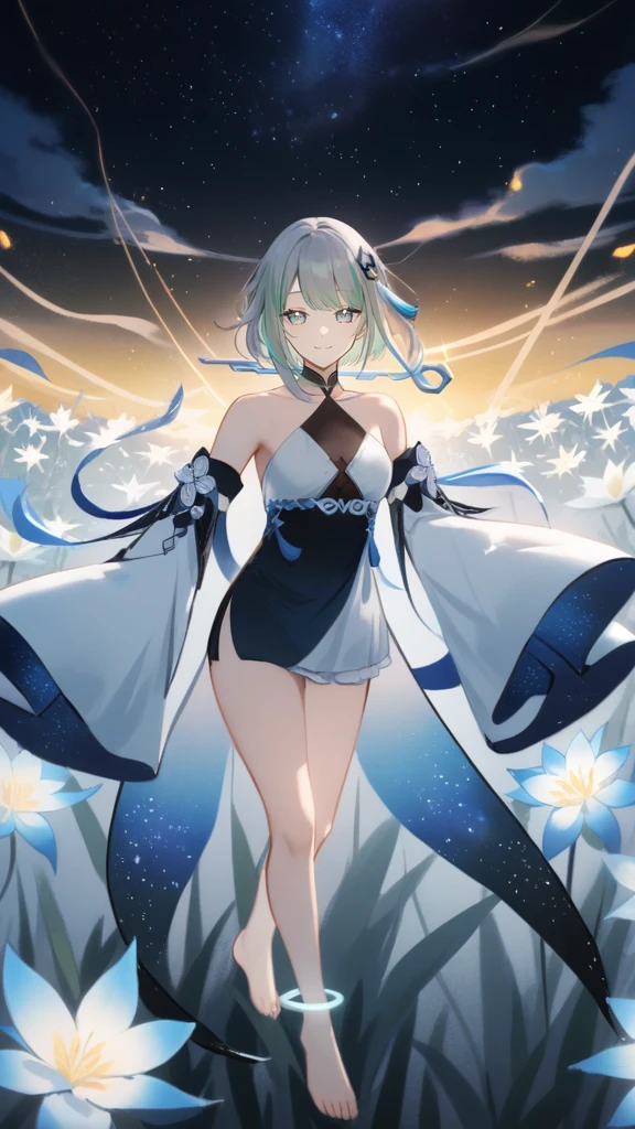 1girl, guizhong_\(genshin_impact\),light grey hair,short_hair_with_long_locks,starry_sky_print,detached_sleeves, long sleeves_past_fingers,hanfu,illustrated by matsuryuu and agahari and dsmile,pale blue eyes,stunning field of softly glowing blue and white glaze lilies,night scene,gentle smile,moonlight,glossy lips,vivid anime coloring,cel shading,smooth, soft dreamy focus,anklet,halter_top,white clothes,highly detailed,digital painting,field of flowers,bare_shoulders,wlop,barefoot,cool night tones, magical night scene,masterpiece, best quality, film, professional, 4k, highly detailed,Guardian nebula of rainbow light and silvery vapor,starry,cosmic,goddess,rich color,oil painting 