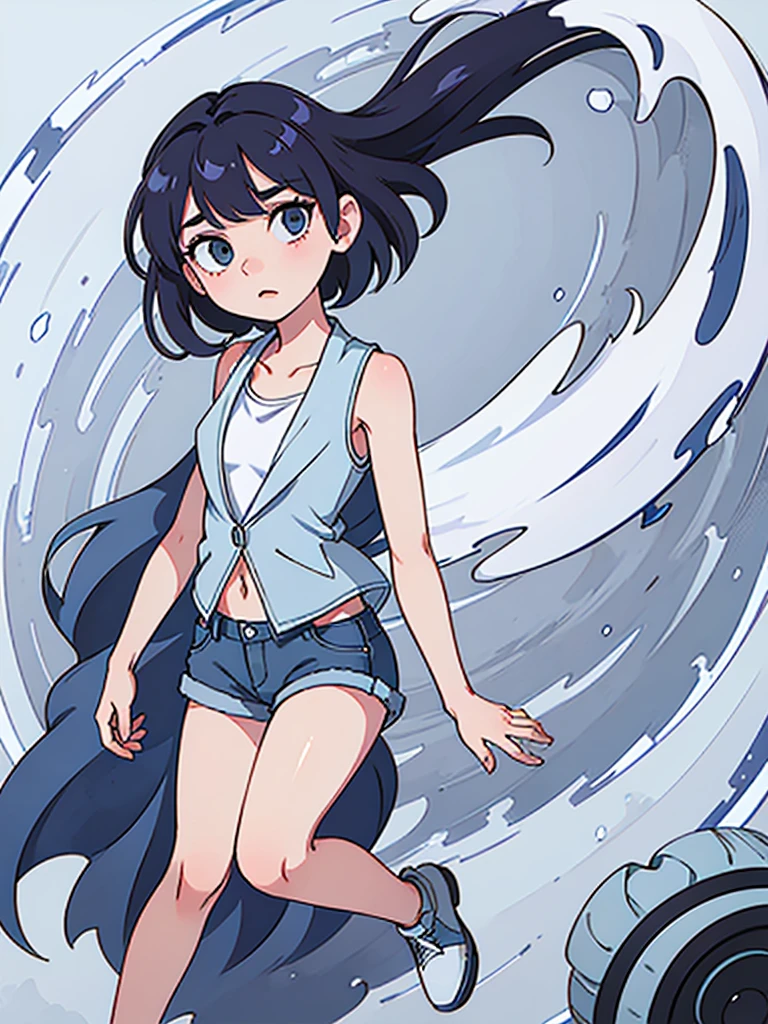 Girl with short dark blue hair，flat chest，Denim shorts，Wearing only a white short vest，Wear a light blue long coat，Ultra-wide angle viewing angle，Super upward perspective，Long legs，Look at the camera，whole body