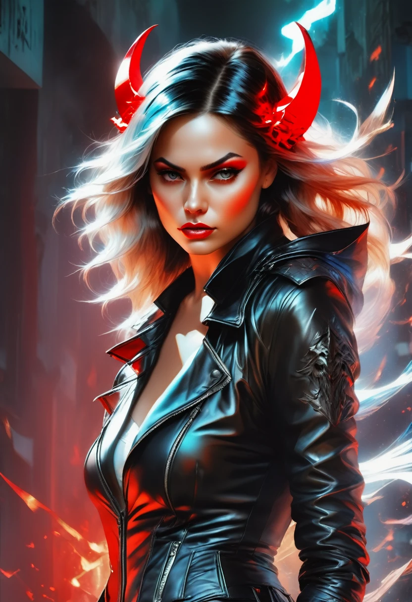 a comic fantasy art of a female devil wearing black leather jacket that has "Devil's Angel" written on it ((full body: 1.5)), exotic beautiful female devil((anatomically correct: 1.5), (ultra detailed face: 1.2), best detailed face, busty, black bat wings, ((red skin: 1.5)),  ((black leather jacket: 1.5)), intricate leather jacket, loose leather jacket, glam leather jacket,  has (("Devil's Angel" written on it: 1.5), wearing silk dress, (dynamic color dress)), wearing high heeled boots, catholic church background, vibrant, Hyperrealism style, vibrant, Ultra-high resolution, High Contrast, (masterpiece:1.5), highest quality, Best aesthetics), best details, best quality, highres, ultra wide angle, 16k, [ultra detailed], masterpiece, best quality, (extremely detailed) RAW, NRART