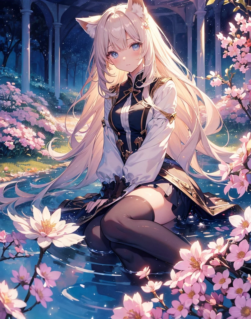 (high quality, 8k), (Soft Light), Iridescent, One nekoGirl, neko ears, fox tail,Detailed face, Beautiful Eyes, watercolor paiting, So magical and dreamy, Dreamy details, Dreamy atmosphereとドラマ, Gorgeous atmosphere, Fantastic and beautiful lighting, Dreamy atmosphere, Beautiful atmosphere, Dreamy Romantic, Fantastic and dreamy theme, Magical atmosphere, Beautiful atmosphere, Anime Background Art, Magical atmosphere + Tabletop, Dreamy aesthetics, Beautiful details with atmosphere, Lots of flowers, bubble, water, garden, Sit on the ground, Shining Eyes