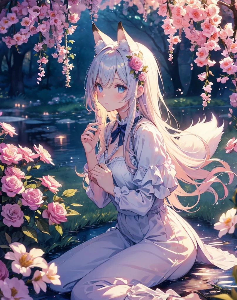 (high quality, 8k), (Soft Light), Iridescent, One nekoGirl, neko ears, fox tail,Detailed face, Beautiful Eyes, watercolor paiting, So magical and dreamy, Dreamy details, Dreamy atmosphereとドラマ, Gorgeous atmosphere, Fantastic and beautiful lighting, Dreamy atmosphere, Beautiful atmosphere, Dreamy Romantic, Fantastic and dreamy theme, Magical atmosphere, Beautiful atmosphere, Anime Background Art, Magical atmosphere + Tabletop, Dreamy aesthetics, Beautiful details with atmosphere, Lots of flowers, bubble, water, garden, Sit on the ground, Shining Eyes