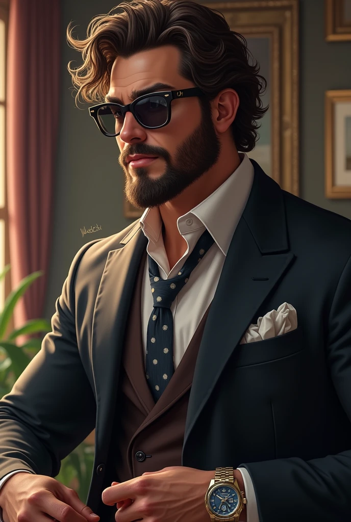 Create a person with this description
_ curly hair/medium long
_ large eyes
_ barba
_ Big eyebrows
_ Average ears
_ full lips
_ athletic body/strong
_ Old money clothing style
_ Sunglasses
_ watch in hand
_ height 1.85