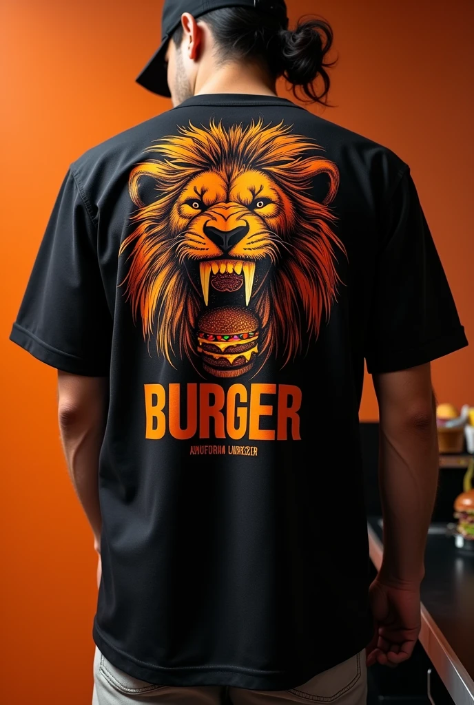 Design a disruptive urban creative uniform for my burger restaurant called 402 BURGER in black and orange, with the head of a lion enjoying the hamburger printed on the back of the shirt enjoying a hamburger with saliva in a happy way and on the front our logo 402 BURGER