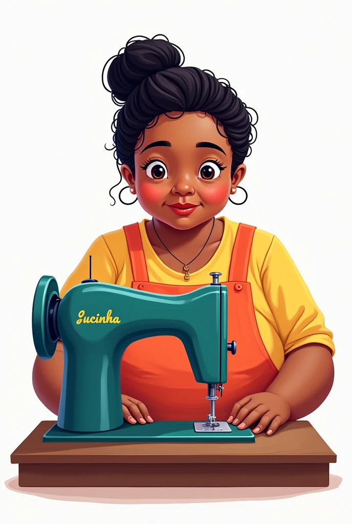 Drawing of a chubby brown Bahian woman with short black hair tied back Round face Small light brown eyes Light eyebrows Sewing on the sewing machine White background Apron with the name Lucinha Colored image
