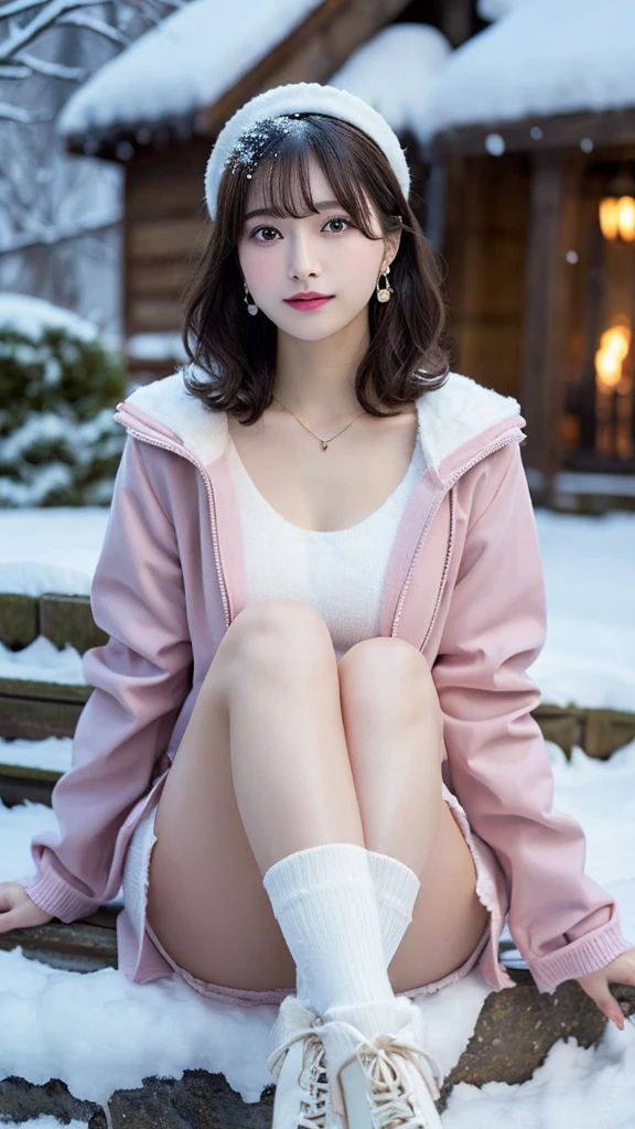 (masterpiece:1.3, top-quality, ultra high res, ultra detailed), (realistic, photorealistic:1.4), beautiful illustration, perfect lighting, natural lighting, colorful, depth of fields, 
beautiful detailed hair, beautiful detailed face, beautiful detailed eyes, beautiful clavicle, beautiful body, beautiful chest, beautiful thigh, beautiful legs, beautiful fingers, 
looking at viewer, full body, 1 girl, princess, perfect face, (perfect anatomy, anatomically correct), cute and symmetrical face, babyface, shiny skin, (tsundere:1.3), 
({short hair | long hair}, curly hair, light pink hair), bangs, brown eyes, drooping eyes, long eye lasher, (medium breasts), slender, hair ornament, lace-trimmed hairband, necklace, earrings, 
((pink jacket), sweater, loose socks, ), sleeves past wrists, white headwear, leg warmers, jewelry, fur trim, pom pom (clothes), socks, pantyhose, long sleeves, white fur-trimmed_boots, 
(beautiful scenery), evening, mountain, snow, winter, (snowing:1.2), snowflakes, dynamic pose, (seductive smile, upper eyes, parted lips),