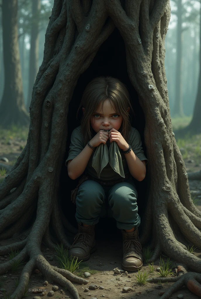 Ellie last of us  is in a critical situation. He is hiding behind a tree, zombies have approached him closely, and he is ready to defend and confront these terrifying creatures with a Handkerchief  in his hand and another one in his mouth.