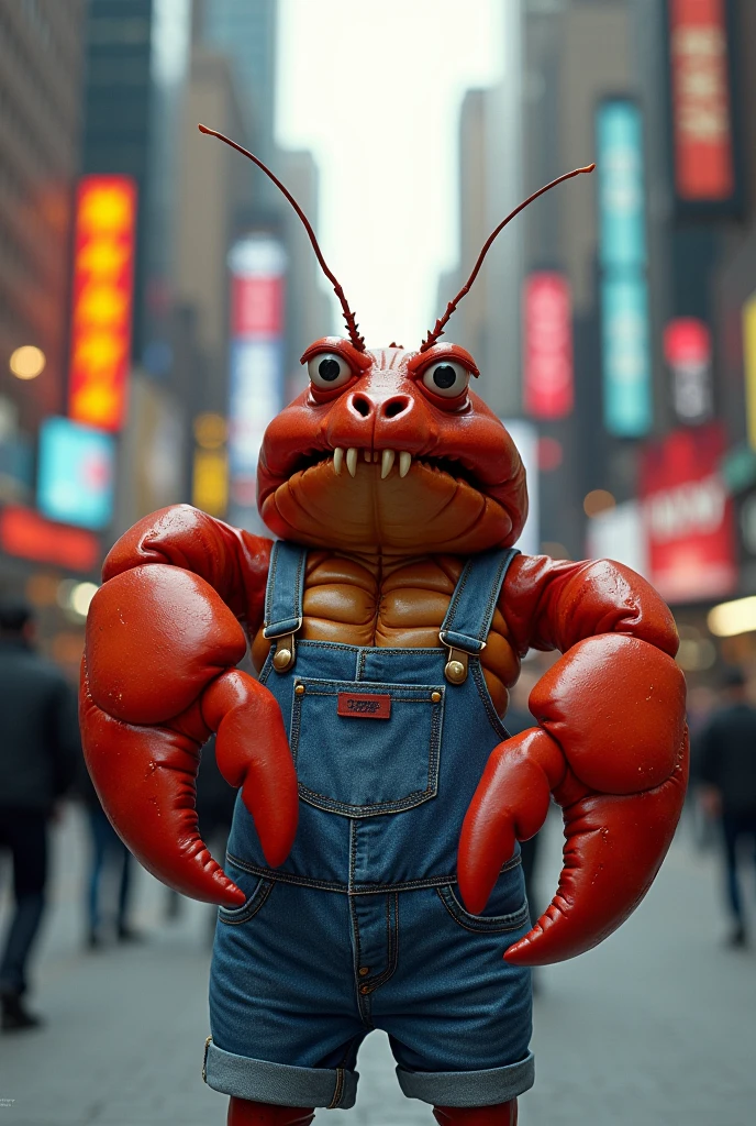 A lobster in jeans in new york, the lobster must look like some character, it is not necessary to be identical to a sea lobster
