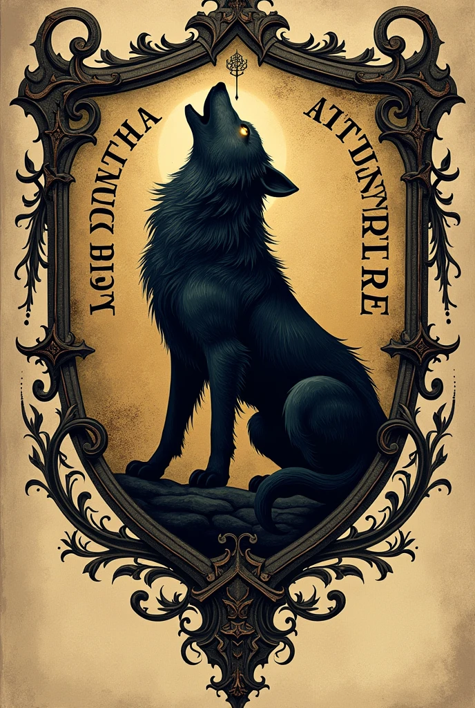 Ancient coat of arms in the shape of a shield with the words LOBA SOLITARIA STUDIO ARTE written on it with a symbol of a wolf howling in the center