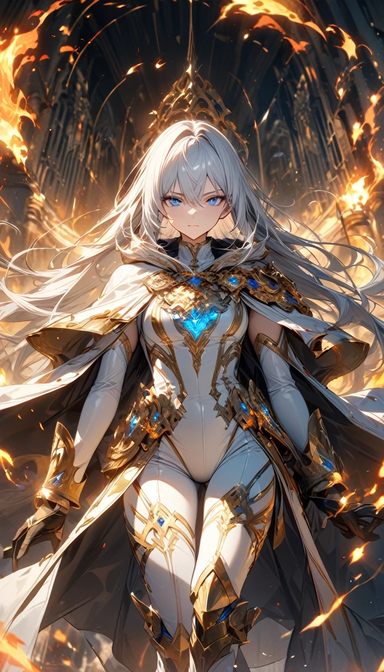 Adult man, guy, male, boy, very long white hair, blue eyes, white tight bodysuit, cape, golden elements, fire from eyes, Masterpiece, best quality, Full HD, 8k, ultra details, great graphic