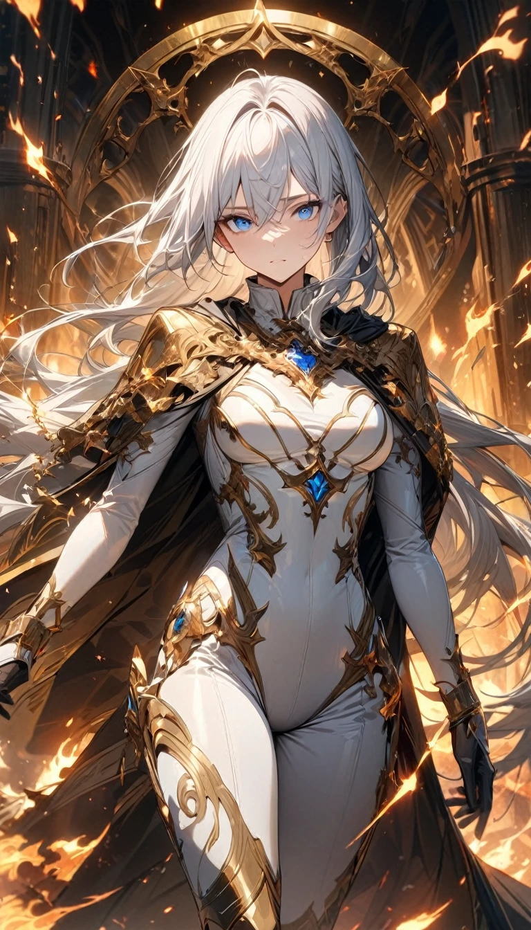 Adult man, guy, male, boy, very long white hair, blue eyes, white tight bodysuit, cape, golden elements, fire from eyes, Masterpiece, best quality, Full HD, 8k, ultra details, great graphic