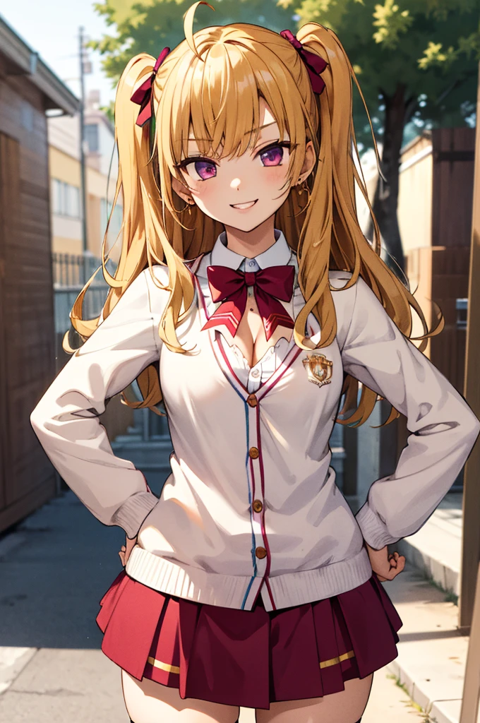 masterpiece, best quality, highres,1girl,6yo,,,small breasts,cleavage,(gyaru), hmtr, two side up, long hair, ahoge, hair ribbon, red ribbon, earrings, jewelry, red bowtie, white cardigan, , long sleeves, red skirt, thighhighs,evil smile, outdoor, hand on hip,,(((cowboy shot)))