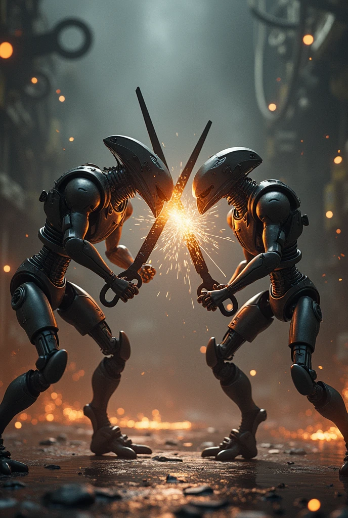 A humanoid scissor fiercely battling another humanoid scissor
