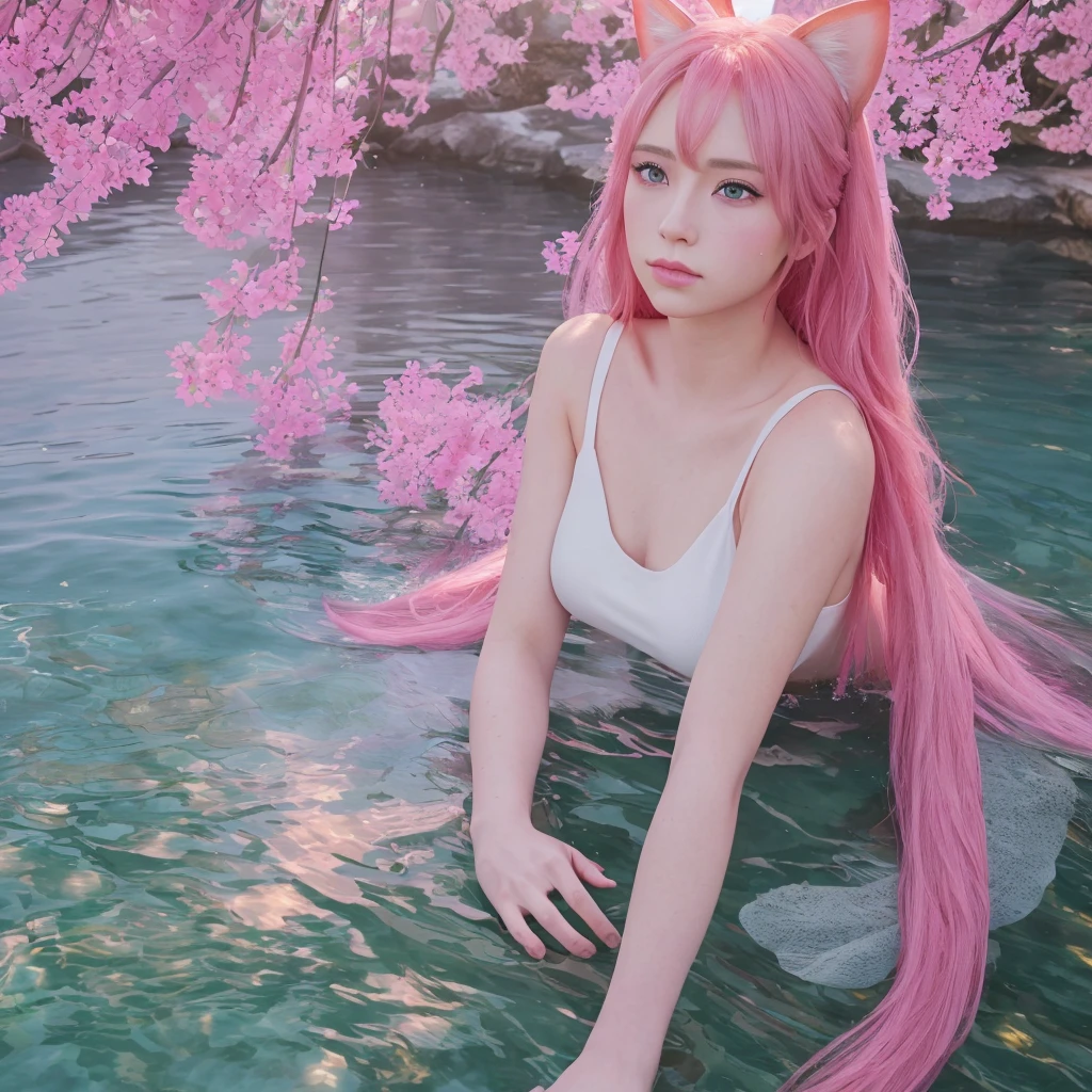 beautiful girl with a pink cat tail, 1girl, cat ears, pink cat tail, beautiful detailed eyes, beautiful detailed lips, extremely detailed face, long eyelashes, elegant pose, magical fantasy, glowing lights, soft lighting, dreamy atmosphere, pastel colors, (best quality,4k,8k,highres,masterpiece:1.2),ultra-detailed,(realistic,photorealistic,photo-realistic:1.37),vibrant colors,detailed environment