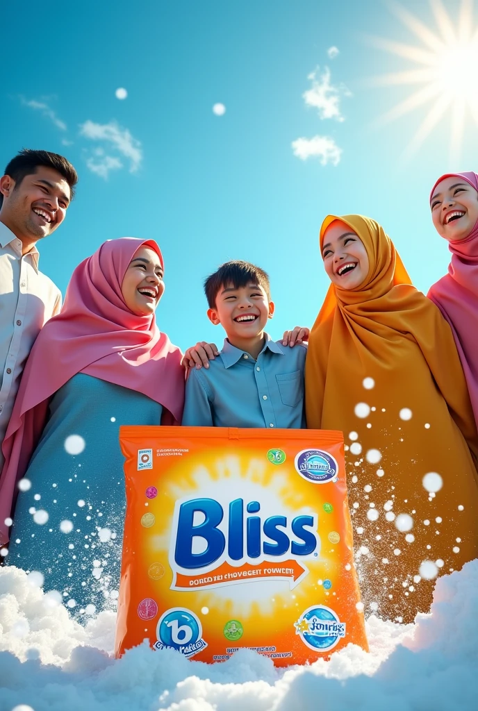 make a facebook post for detergent, public asking for bliss detergent powder, happy hijabi girls, men, kids playing. huge effect, huge picture, detergent bubbles every where, look like world is full of clean clothes, write bliss in surf excel like packet, everyone wearing clean clothes and buying bliss detergent powder.