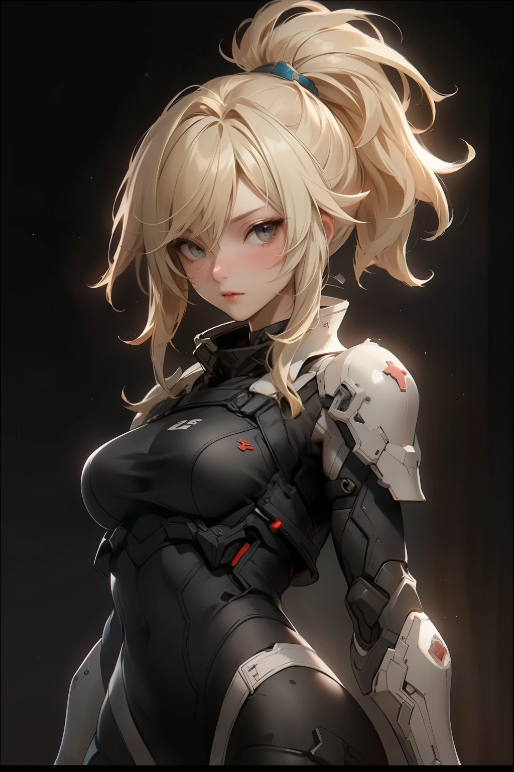 ((best quality)), ((Masterpiece)), (details:1.4), 3d, HDR (high dynamic range), an image of a beautiful cyberpunk female, Hight ponytails, Blonde hair, Black eyes, จมูกโด่ง, ปากแดง, หน้าอกใหญ่, nvidia RTX, PBR surface, After processing, Anisotropic filtration,depth of field, Maximum clarity and clarity, multi-layered surface, Subsurface scattering, perfect proportions, 8K raw files, ความละเอียดสุดยอด, Unreal 5, Perfect proportions, Octane Render, Two-tone lighting, Wide aperture, Low ISO, รายละเอียดดวงตา, crusader, Heavy armor, Fierce