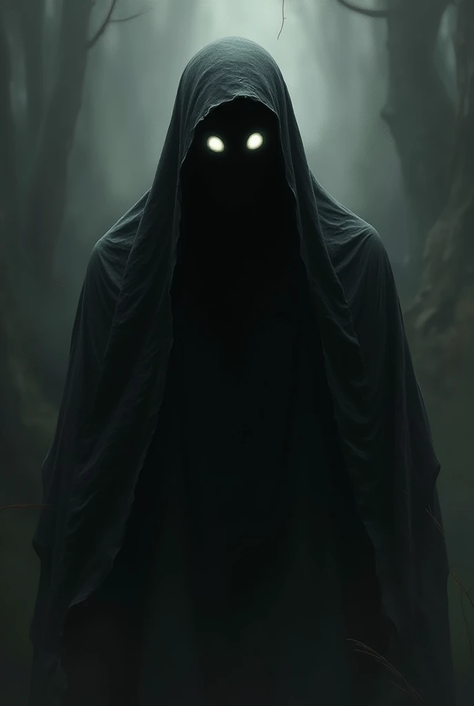 Supernatural entity that represents hatred and despair. It has a dark and ominous appearance, with a robust and defined shape. His face is a smooth, black surface, without defined features, with empty sockets that emit a faint white glow. It is surrounded by a dense and gloomy atmosphere that accentuates its disturbing presence.. The entity conveys a feeling of deep sadness and evil., sketch, bestiary