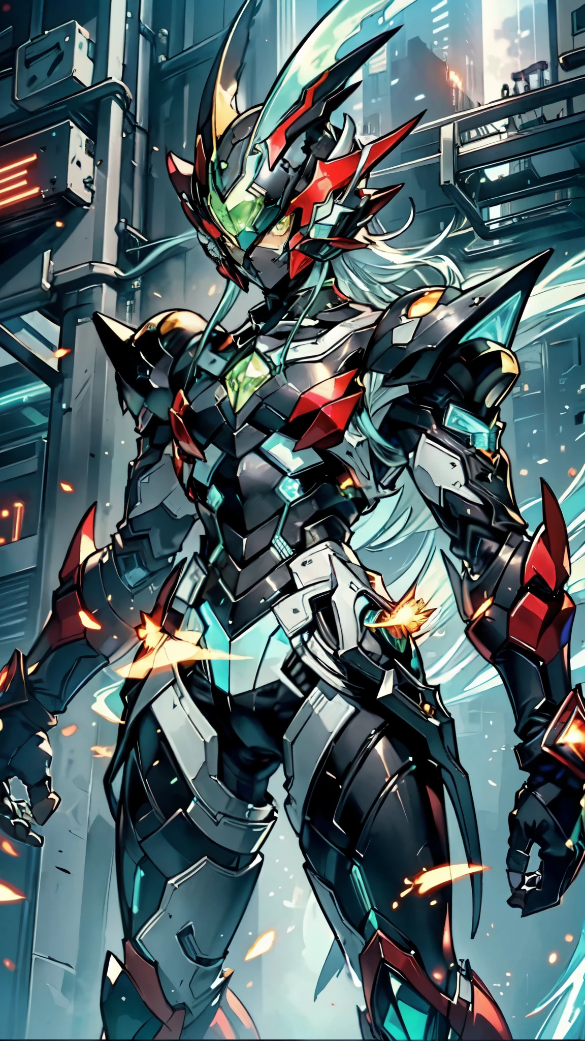 (masterpiece:1.5, best quality:1.5, extremely delicate:1.5), a man wearing a full-face helmet, a fantasy-style biotech armored combat suit, green eyes, (a composite layered chest armor), fully enclosed shoulder guards, matching arm and leg guards, belt of Neon circuit, (the color scheme is primarily black with green and red accents), the design balances heavy with agility, a high-tech bio-mecha armor, (Armor Concept Inspired by Kamen Rider, stand on the top of a skyscraper in a futuristic sci-fi city), this character embodies a finely crafted fantasy-surreal style armored hero in anime style, exquisite and mature manga art style, (element, plasma, energy, the armor glows), ((male:1.5)), metallic, high definition, highres, ultra-detailed, ultra-fine painting, professional, perfect body proportions, golden ratio, anatomically correct, symmetrical face, extremely detailed eyes and face, high quality eyes, creativity, RAW photo, UHD, 32k, Natural light, cinematic lighting, masterpiece-anatomy-perfect