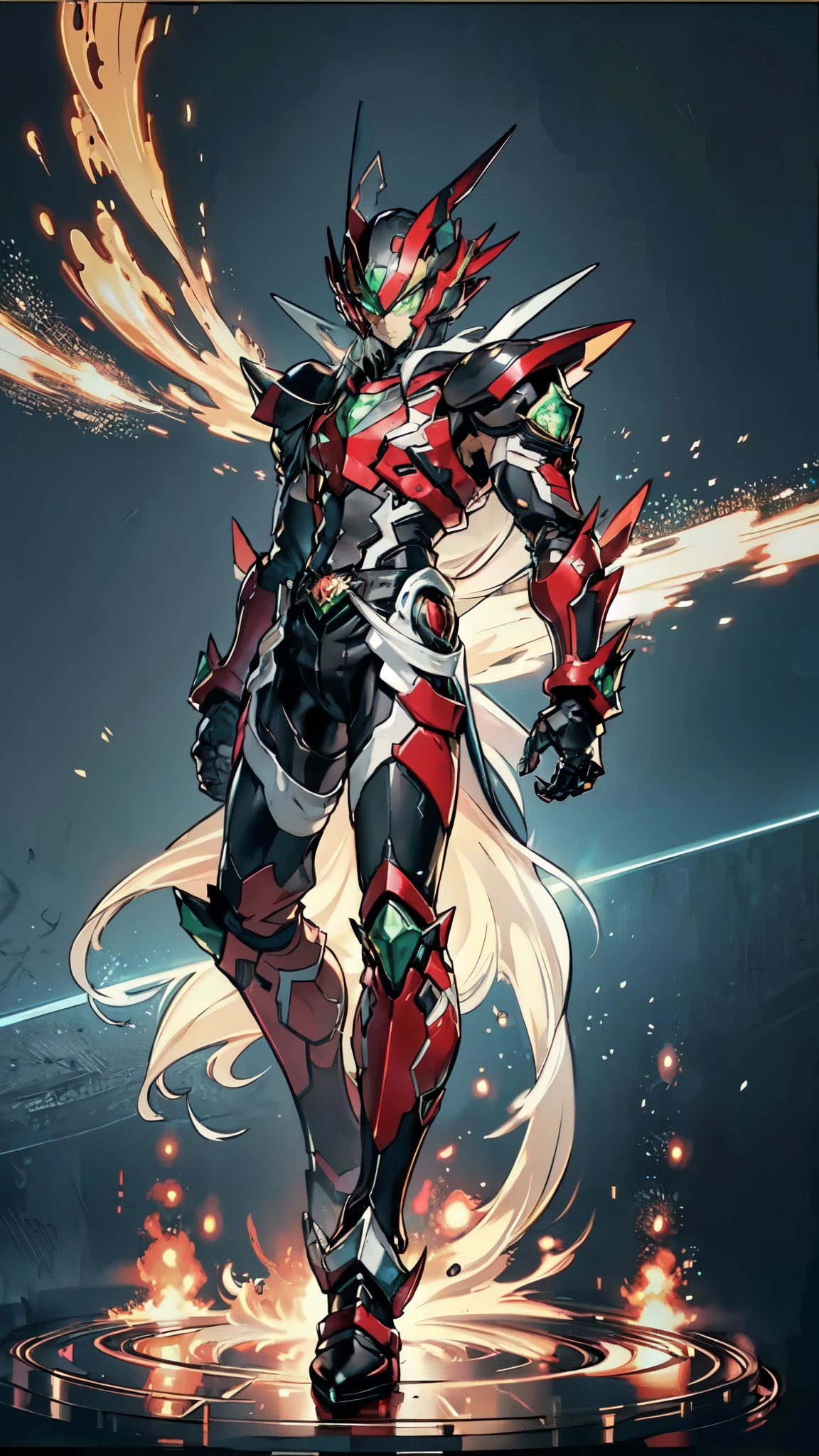 (masterpiece:1.5, best quality:1.5, extremely delicate:1.5), a man wearing a full-face helmet, a fantasy-style biotech armored combat suit, green eyes, (a composite layered chest armor), fully enclosed shoulder guards, matching arm and leg guards, belt of Neon circuit, (the color scheme is primarily black with green and red accents), the design balances heavy with agility, a high-tech bio-mecha armor, (Armor Concept Inspired by Kamen Rider, stand on the top of a skyscraper in a futuristic sci-fi city), this character embodies a finely crafted fantasy-surreal style armored hero in anime style, exquisite and mature manga art style, (element, plasma, energy, the armor glows), ((male:1.5)), metallic, high definition, highres, ultra-detailed, ultra-fine painting, professional, perfect body proportions, golden ratio, anatomically correct, symmetrical face, extremely detailed eyes and face, high quality eyes, creativity, RAW photo, UHD, 32k, Natural light, cinematic lighting, masterpiece-anatomy-perfect