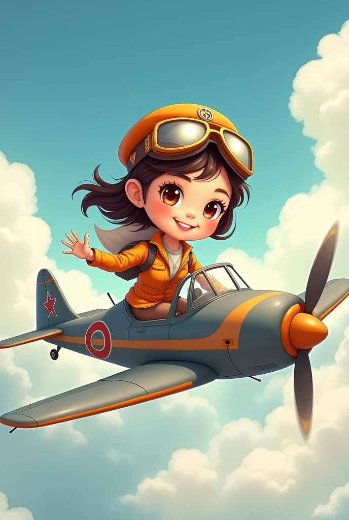 Cute drawing of a girl pilot of an airplane
