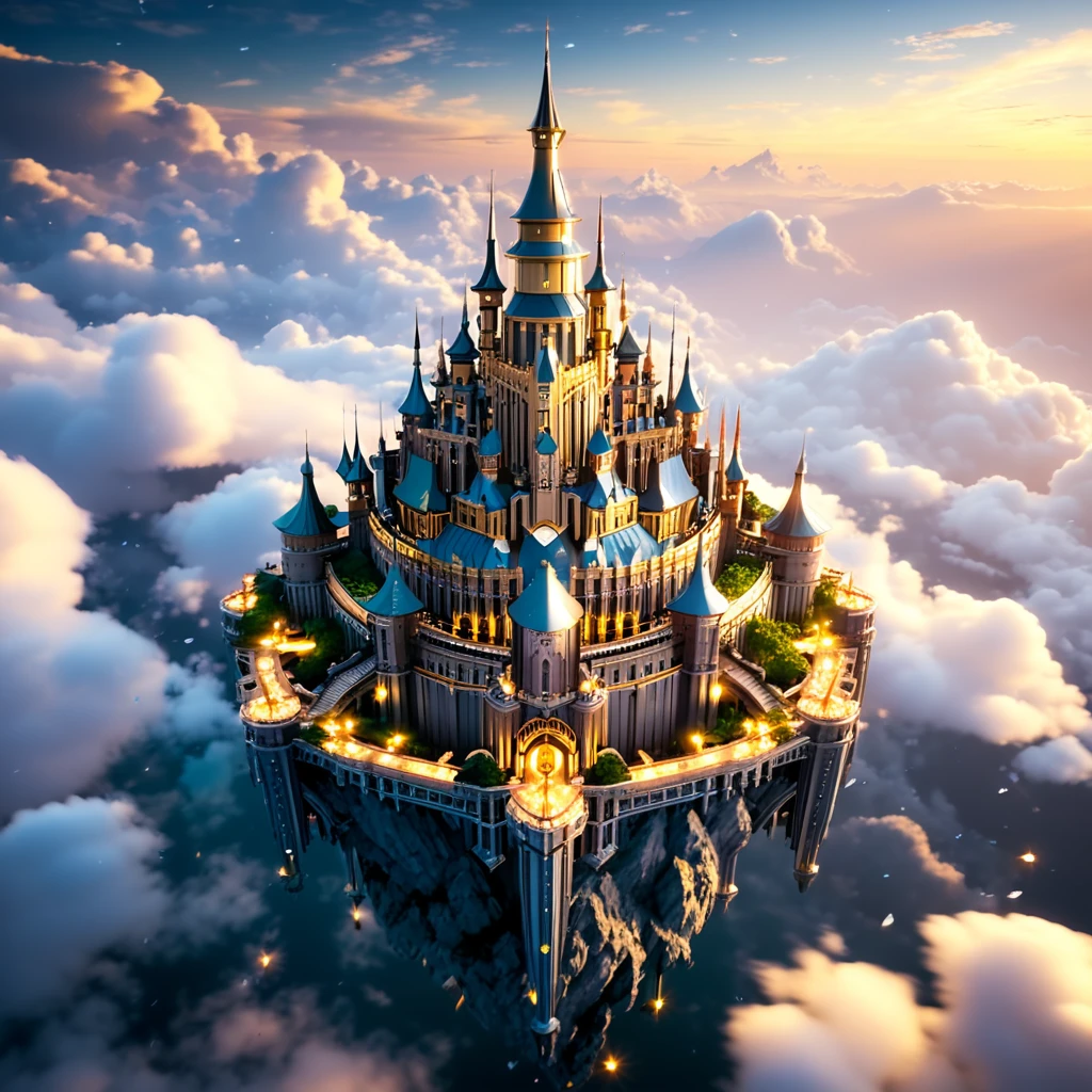 Gods gather, castle in the sky, floating in the sky, magnificent, ((highest quality, 8K, masterpiece: 1.3)),

