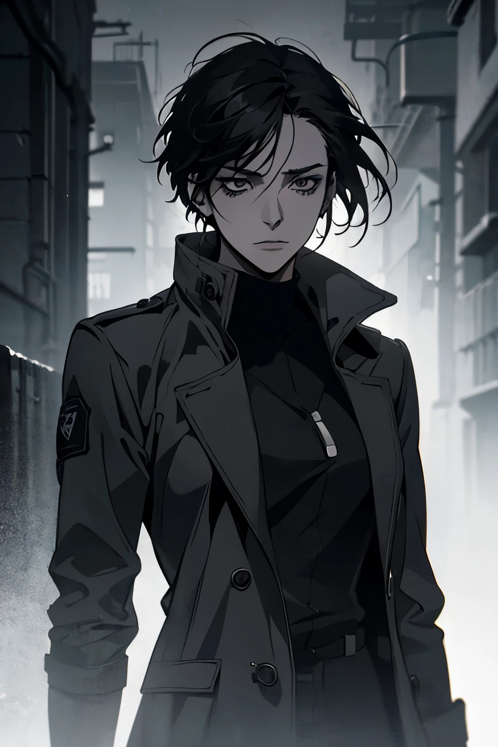 a woman with short black hair, black eyes, wearing black clothes, camouflage, coat, expressionless face, doctor, anime style, highly detailed, hyperrealistic, 8k, photorealistic, intricate details, dramatic lighting, volumetric fog, cinematic composition, chiaroscuro, moody atmosphere, muted color palette, dramatic shadows, perfect rendering, masterpiece