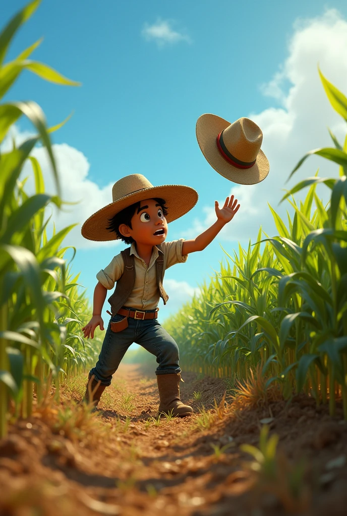 One day, while Miguel was busy harvesting corn on the farm, a strong gust of wind blew across the field. The wind was so strong that it tore off Miguel's hat and carried it away.