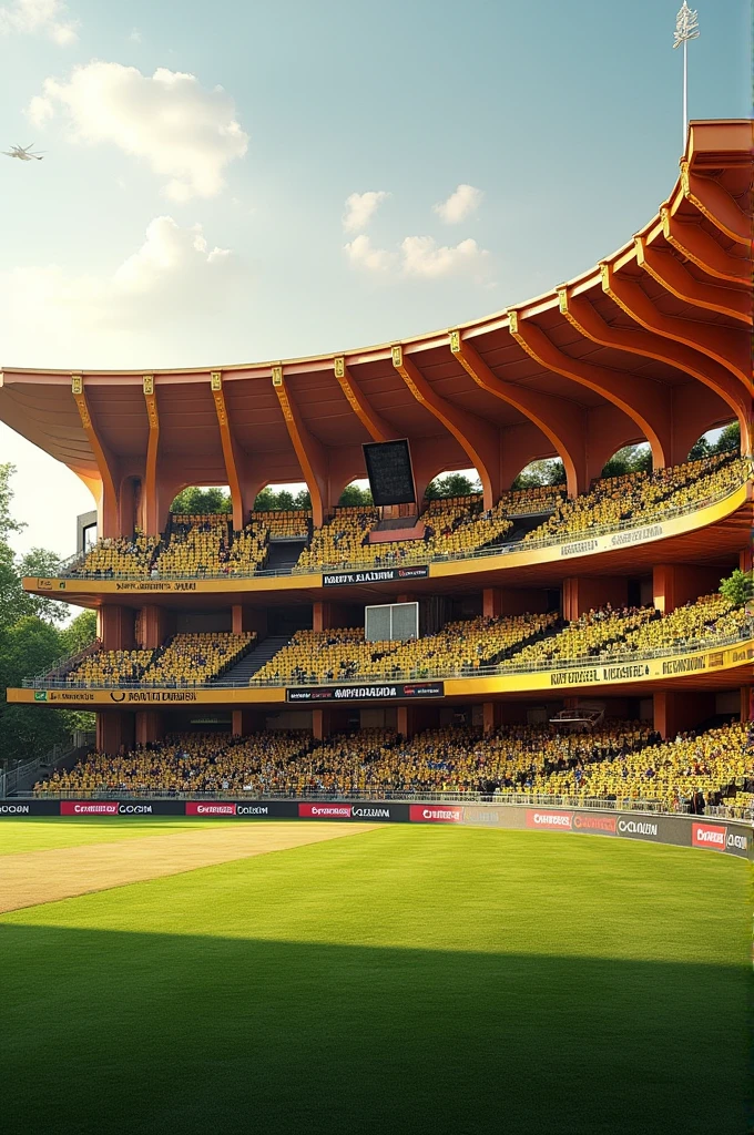 Create cricket stadium Theme should be orange , yellow and read with black touch and with surrounding area should have greanry architectural style should relate with multan stadium don't make it to next level make it like what is exist in 2024