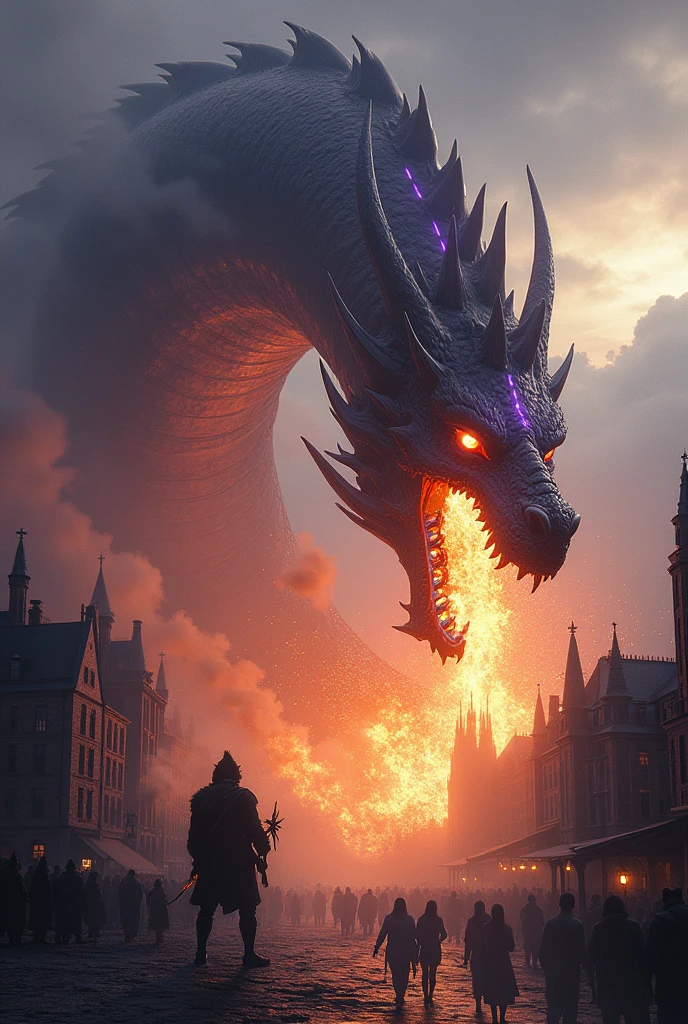 A scary giant dragon, black and purple in color breathing fire in a medieval city.