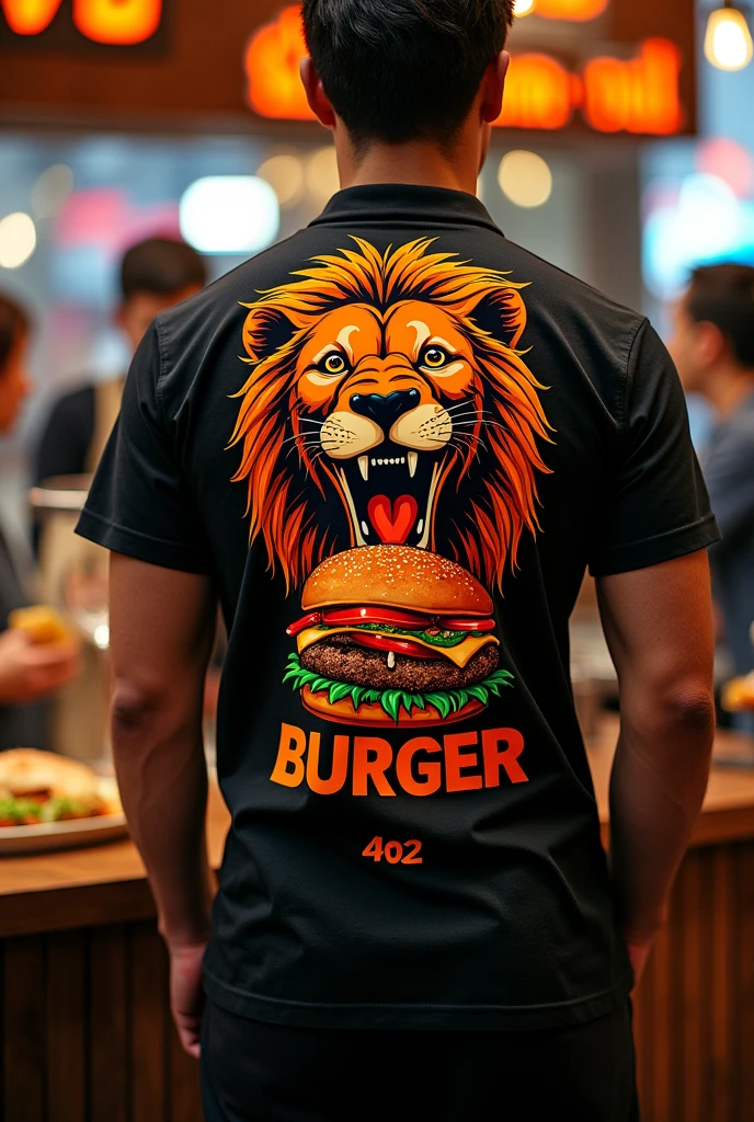 Design a disruptive urban creative uniform for my burger restaurant called 402 BURGER in black and orange, with the head of a lion enjoying the burger happily printed on the back of the shirt enjoying a burger with saliva in a happy way and on the front our logo 402 BURGER