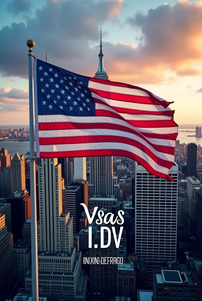 Create an image with a New York background and the United States flag appearing, that the center has its name as a logo Visas I.D.V and also the name of the advisor Jonathan Guerrero comes out