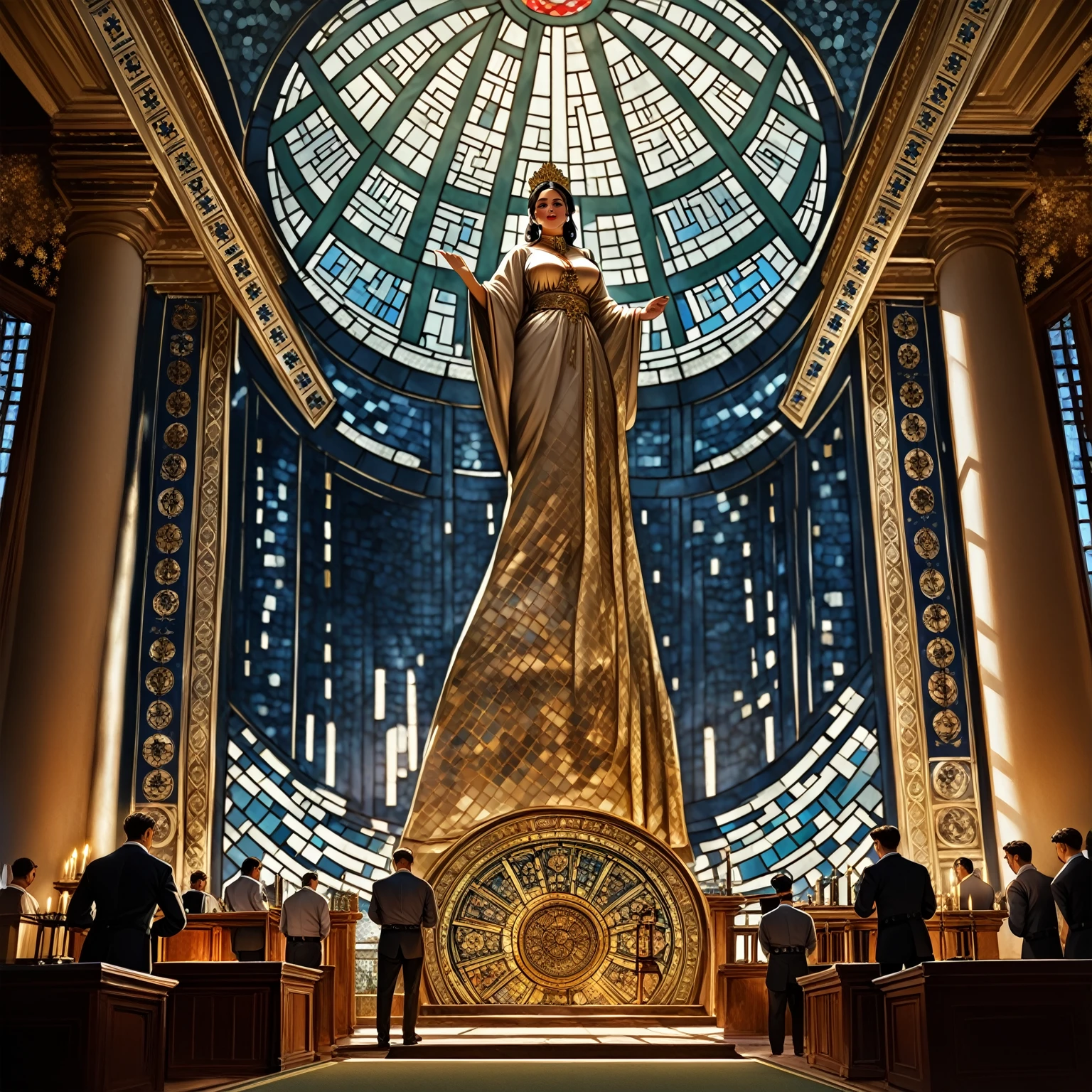 A captivating cinematic poster of an ancient temple that resembles a grand bank. The building features massive columns, intricate carvings, and arched windows. Upon entering, one is greeted by a large stained-glass dome that floods the interior with sunlight, casting rays onto a towering statue of a beautiful yet stern goddess. She holds a scroll in one hand and a set of scales in the other. The surroundings include a podium reminiscent of a stock exchange, a bowl for offerings, and polished granite flooring. The walls are adorned with numerous bas-reliefs depicting trade, legal proceedings, office work, and gambling. The similarity to a stock exchange emphasizes the bustling atmosphere. Numerous tables line the perimeter, where parishioners are engaged in discussing business and completing various documents. Priests dressed in business attire, photo, cinematic, illustration, poster
