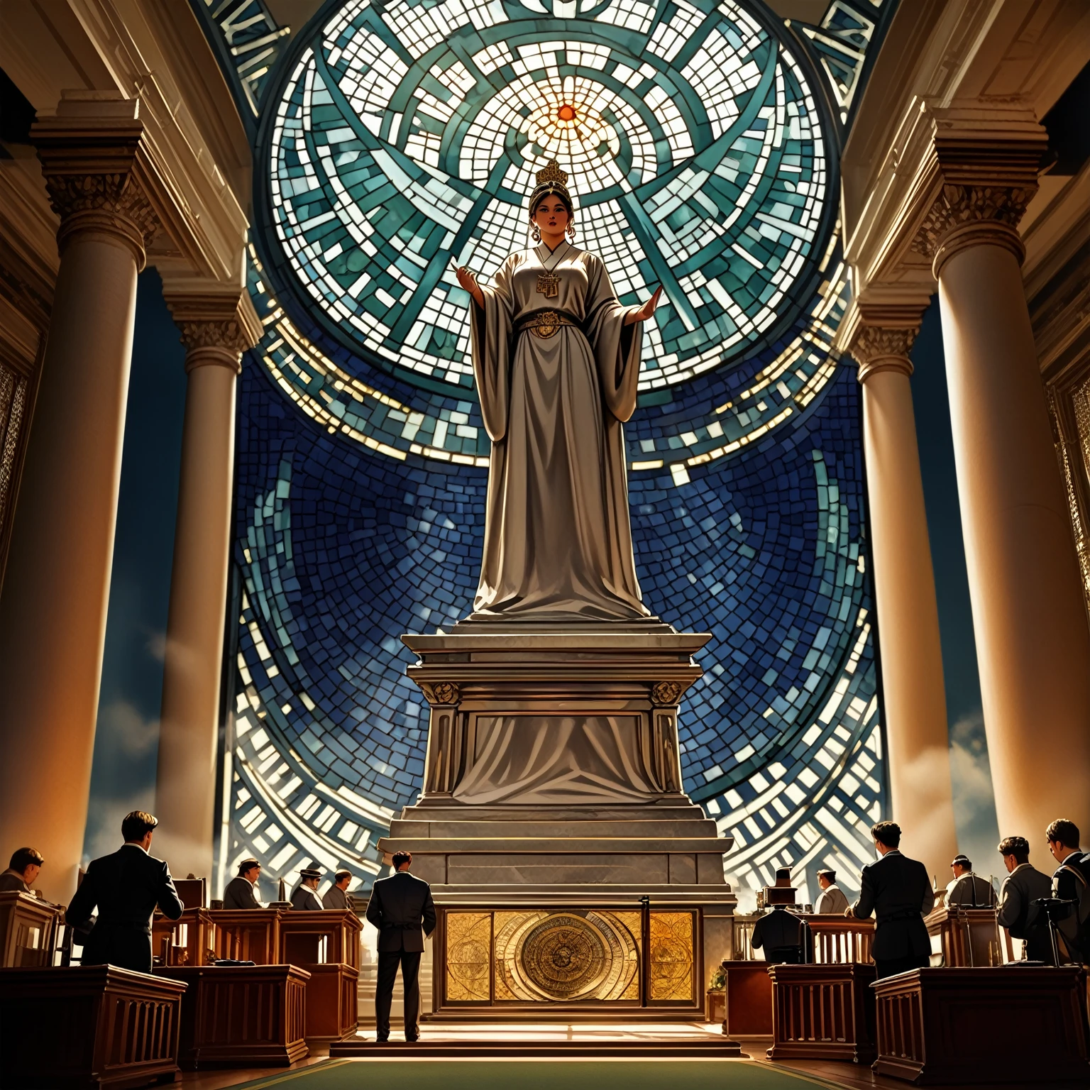 A captivating cinematic poster of an ancient temple that resembles a grand bank. The building features massive columns, intricate carvings, and arched windows. Upon entering, one is greeted by a large stained-glass dome that floods the interior with sunlight, casting rays onto a towering statue of a beautiful yet stern goddess. She holds a scroll in one hand and a set of scales in the other. The surroundings include a podium reminiscent of a stock exchange, a bowl for offerings, and polished granite flooring. The walls are adorned with numerous bas-reliefs depicting trade, legal proceedings, office work, and gambling. The similarity to a stock exchange emphasizes the bustling atmosphere. Numerous tables line the perimeter, where parishioners are engaged in discussing business and completing various documents. Priests dressed in business attire, photo, cinematic, illustration, poster
