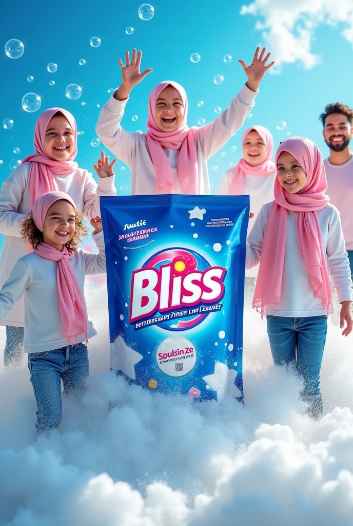 make a facebook post for detergent, public asking for bliss detergent powder, happy hijabi girls, men, kids playing. huge effect, huge picture, detergent bubbles every where, look like world is full of clean clothes, write bliss in surf excel like packet, royal blue and shoking pink color packet of bliss. everyone wearing clean clothes and buying bliss detergent powder.
