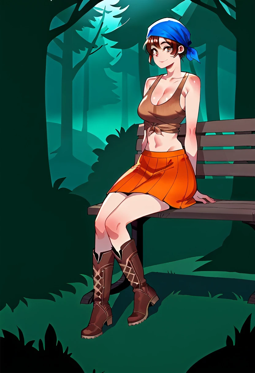 score_9, score_8_up, score_7_up, BREAK, 1girl, solo, lindsaytd, blue bandana, cleavage, red undershirt, brown tank top, midriff, orange skirt, sitting, bench, cowboy boots, forest,
