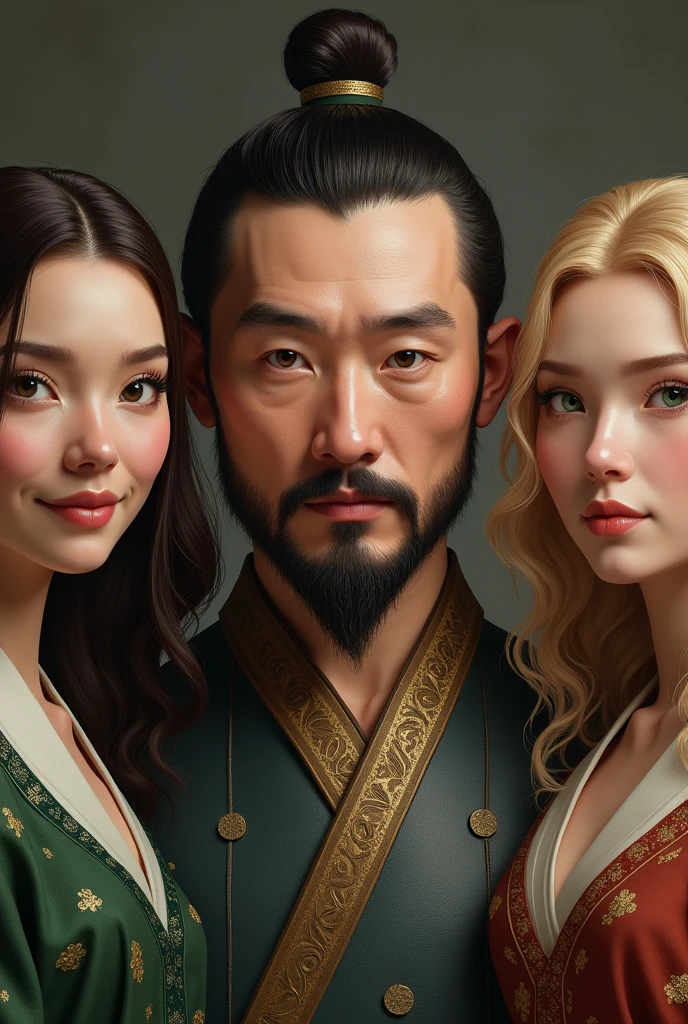 A white man, Cao Cao, very short and thin brown hair, barba, greeneyes, ao lado de uma mulher branca de greeneyes com o cabelo castanho-acbreado, straight and without bangs parted in the middle, next to another white woman, greeneyes, curly and blonde hair