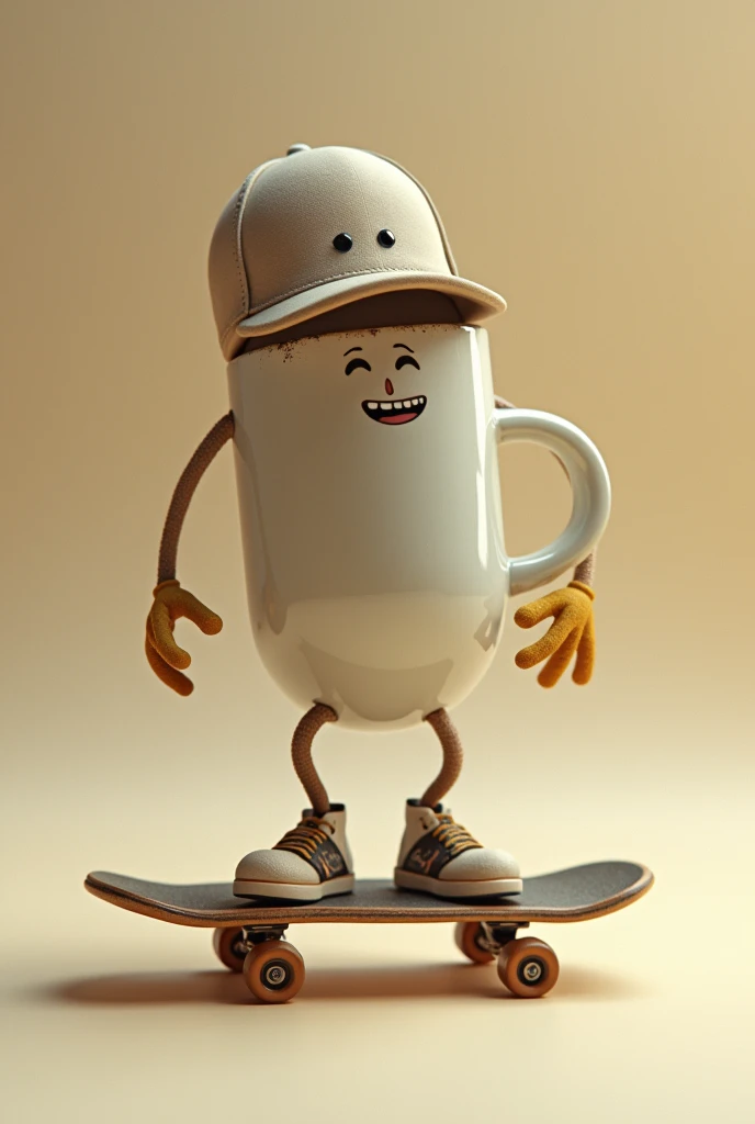 Coffee mug with a cap skating on a skateboard
