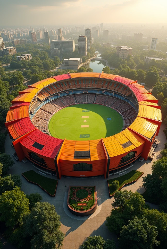Create full cricket stadium Theme should be orange , yellow and read with black touch and with surrounding area should have greanry architectural style should relate with multan stadium don't make it to next level make it like what is exist in 2024