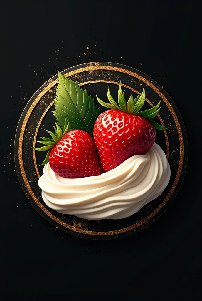 Logo circular ,elegant,vintage,Strawberries with cream on a more striking gold and black background 