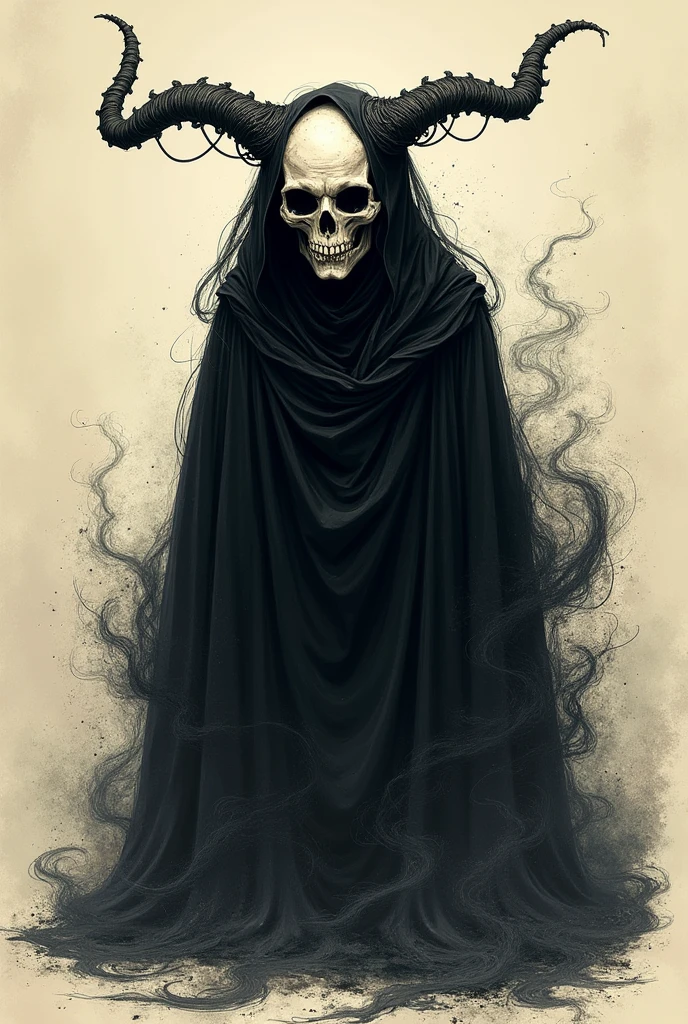 A sinister supernatural entity depicted in the style of a detailed bestiary illustration. It has a semi-skeletal face with no human features, featuring hollow eye sockets that emit an ominous light. Twisted horns curl from its forehead, and its body is surrounded by a black, sand-like aura that swirls menacingly. The entity is cloaked in dark, ethereal robes that blend seamlessly with the shadows. Its overall appearance is otherworldly and unsettling, with an aura of dark mysticism. The illustration should emphasize its arcane and malevolent nature, showcasing the creature with intricate details typical of bestiary art, capturing its ancient and fearsome presence. Bestiary simple sketch