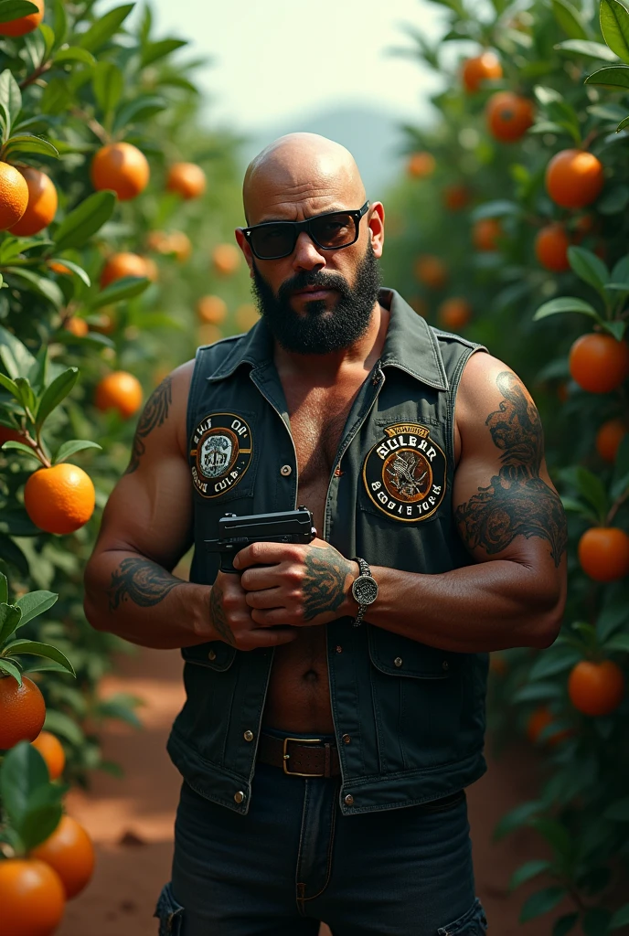 Pablo Escobar bald with beard tribal tattoo on face black framed glasses motorcycle club vest holding gun tangerine plantation 